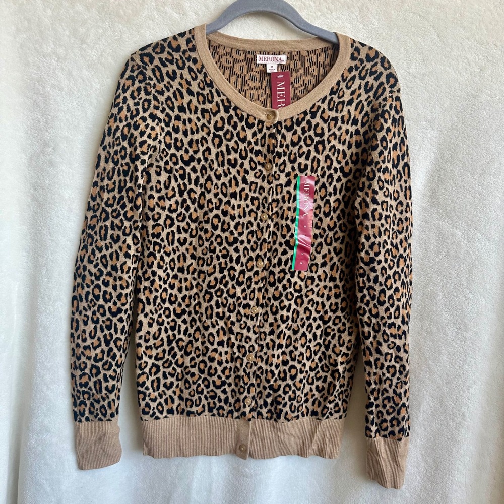Merona NWT Womens 100% Cotton Leopard Print Button Cardigan Sweater Medium